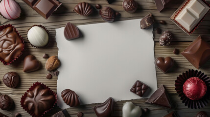 top view of chocolate candies and white card with copy space