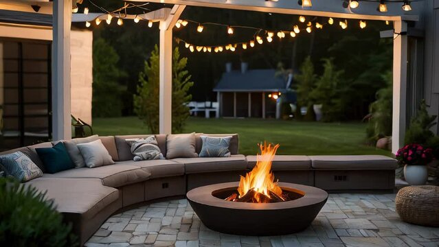 Luxury outdoor living space with fire pit lounge