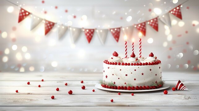 A beautiful birthday cake with candles on white wooden table, bunting and bokeh lights.