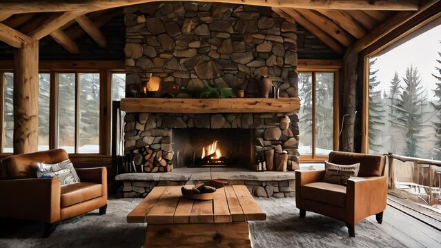Log cabin main room with open fire