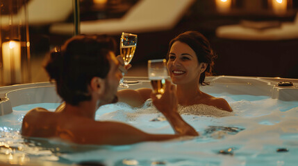Close up of a young woman in a jacuzzi with a champagne glass - obrazy, fototapety, plakaty