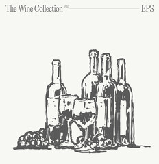 Bottles of wine, glasses and grapes on a table. Hand drawn vector illustration, sketch. - 768600092