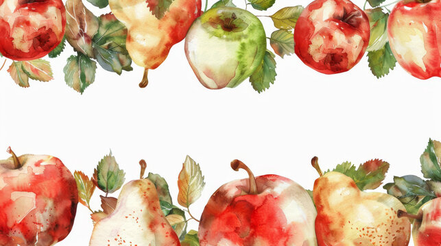 Watercolor painted fruits border with copy space. 