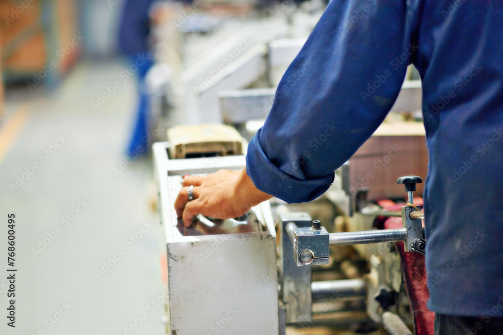 Poster machine, worker or hand on control panel in factory for printing process, manufacturing or productio