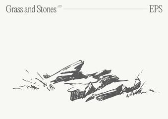 Hand drawn vector illustration of grass and rocks on blank backdrop. Isolated sketch. - 768600404