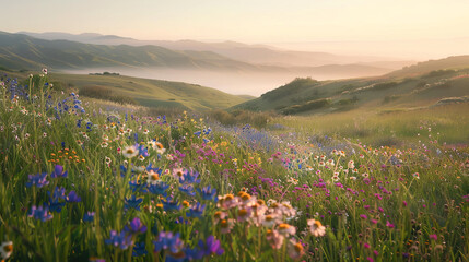 Obraz premium Captivating wildflowers in full bloom set against a backdrop of rolling hills and soft morning mist