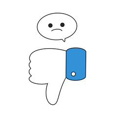 A cartoon character with a thumbs down on his hand and a speech bubble with a sad face. The image conveys a negative or disapproving mood