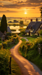 Golden Hour Brilliance in England's Rustic Countryside: An Idyllic Blend of Pastoral Fields and Charming Country Homes - obrazy, fototapety, plakaty
