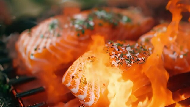 Grilled salmon on a flaming grill, barbecue party