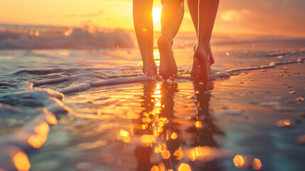 Close up of a woman's feet walking on the beach at sunset. The woman is wearing high heels and a summer dress as she walks along the beautiful ocean waves, with sunlight reflecting off the water surfa