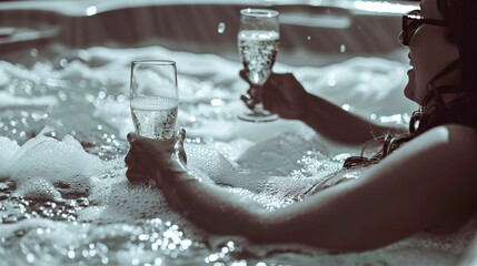 Close up of a young woman in a jacuzzi with a champagne glass - obrazy, fototapety, plakaty