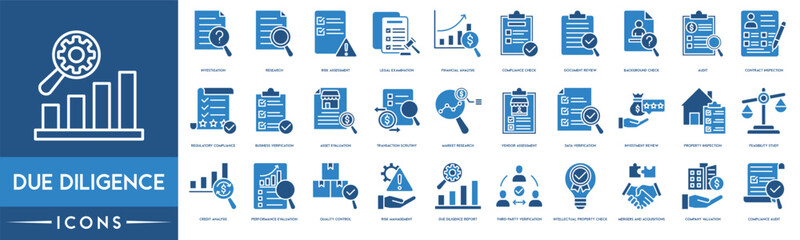 Due diligence icon. Investigation, Research, Risk Assessment, Legal Examination, Financial Analysis, Compliance Check, Document Review, Background Check, Audit and Contract Inspection icon set. - obrazy, fototapety, plakaty