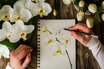 person sketching orchids in a notepad