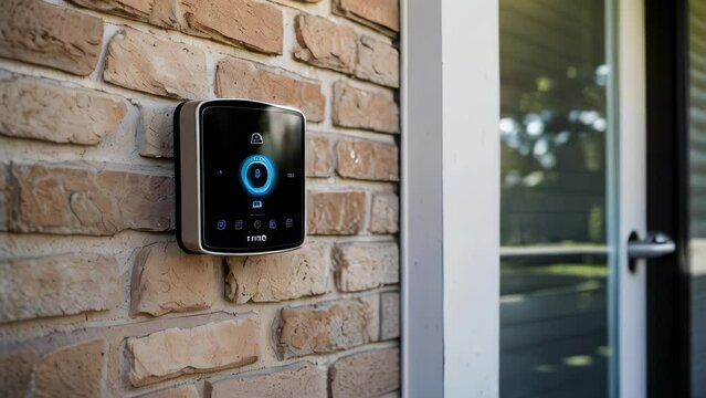 Modern smart doorbell on a brick house wall, offering home security and surveillance features.
