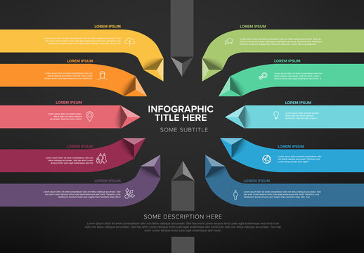 Multipurpose Dark Infographic template with ten pastel color stripes with triangle arrows elements