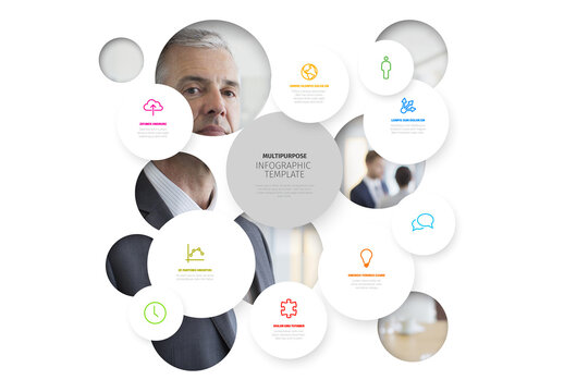 Vector light white minimalist Infographic template with circles  mosaic and background photo placeholder