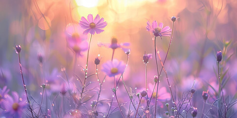 A mystical display of purple wildflowers set against a backdrop of misty, ethereal light