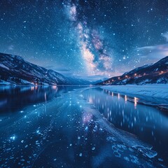 Frozen lake that mirrors the universe above stars and nebulae beneath the ice