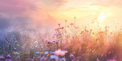 The first light of daybreak casts a radiant glow on pink wildflowers