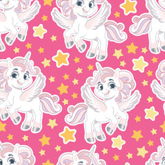 Seamless pattern with cute unicorns and stars pink vector illustration