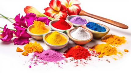 Vivid Holi powders in pots with flowers, scattered petals and wooden spoon.