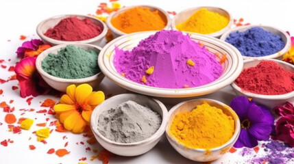 Assorted bright powder dyes in bowls, surrounded by fresh flowers.