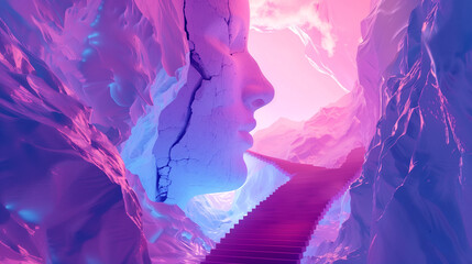 Futuristic background with mountains and forest in purple and pink neon shades in the style of the 90s. - obrazy, fototapety, plakaty