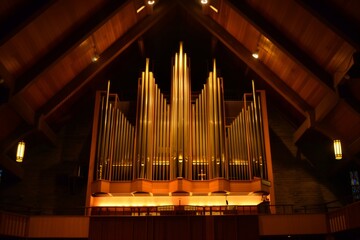 illuminated pipe organ in an otherwise dark church hall - obrazy, fototapety, plakaty