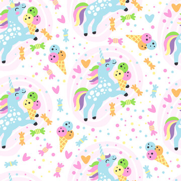 Seamless pattern doodle unicorns and candy vector illustration