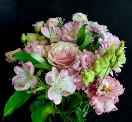 Luxurious elegant bouquet of alstroemeria, eustoma, roses and chrysanthemum flowers