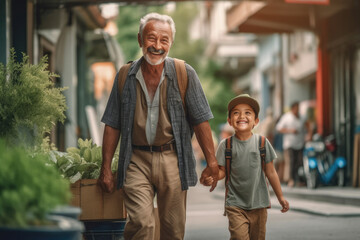 Happy elderly man and young boy smiling, carrying plants.