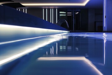 architectural shot of a sleek pool with linear led lights - obrazy, fototapety, plakaty
