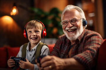 Grandfather and boy with headsets immersed in fun video game