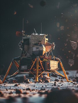 An artist's rendering of India's lunar expedition, with the spacecraft on the surface of the moon (3d image).