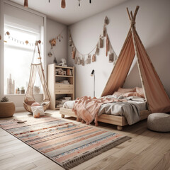 A child’s room with a playful bohemian tent and soft textures