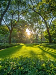 Lush morning sunshine in public garden with verdant grass and foliage at Park