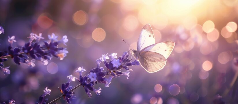 A white butterfly flitting above a lavender flower, illuminated by the sun to create beautiful bokeh effects, captured through selective focus in macro photography.