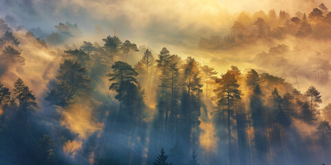 This stunning image features intense sunrays piercing the early morning mist, emphasizing the lush greenery of a dense forest