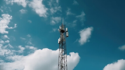 Communication tower rising high with antennas and dishes