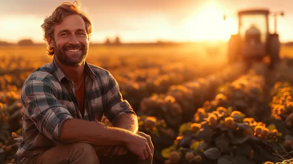 Fototapeten a happy farmer in front of a tractor wide background sunset © Nate