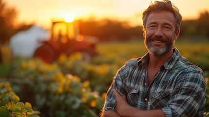 a happy farmer in front of a tractor wide background sunset