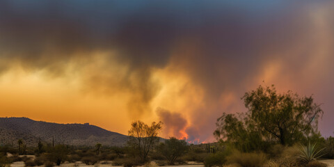 A fiery sunset over the desert, smoke rising in the distance.