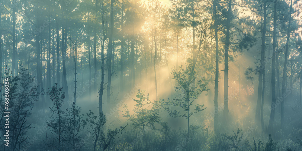 Poster a captivating image capturing the ethereal beauty of sunlight filtering through a misty forest, crea