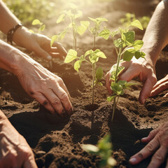 Group of hands planting seedlings in rich earth, teamwork.