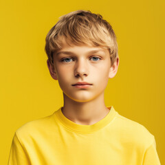 Calm blue-eyed boy poses in a vibrant yellow shirt.