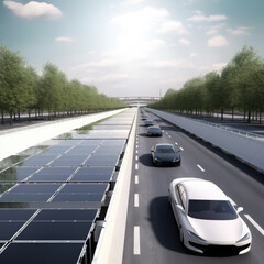 Cars drive on a highway flanked by solar panels under a bright sky.