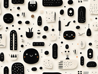 Childish black and white seamless pattern with geometric shapes and abstract doodle  faces
