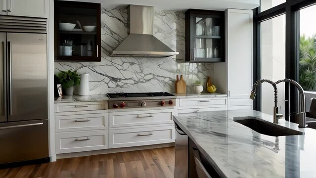 Modern kitchen with marble countertop and stainless steel appliances, contemporary concept