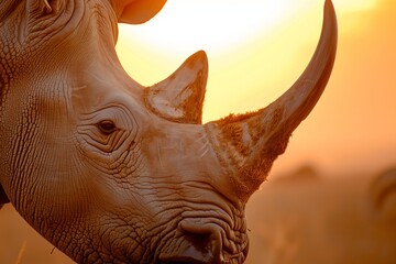 closeup of rhino face in warm sunset light