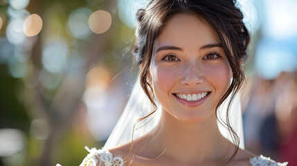 pretty wedding bride smiling showing from her waiste to the head and holding white bouquet outdoors on the isolated hue background